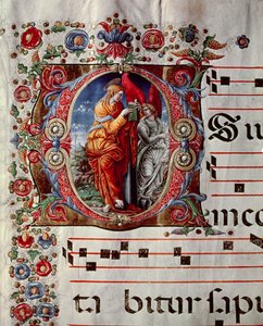 De Aankondiging, gehistorieerde initiaal O, detail van een pagina uit een antifonarium, c.1473-79 door Liberale da Verona